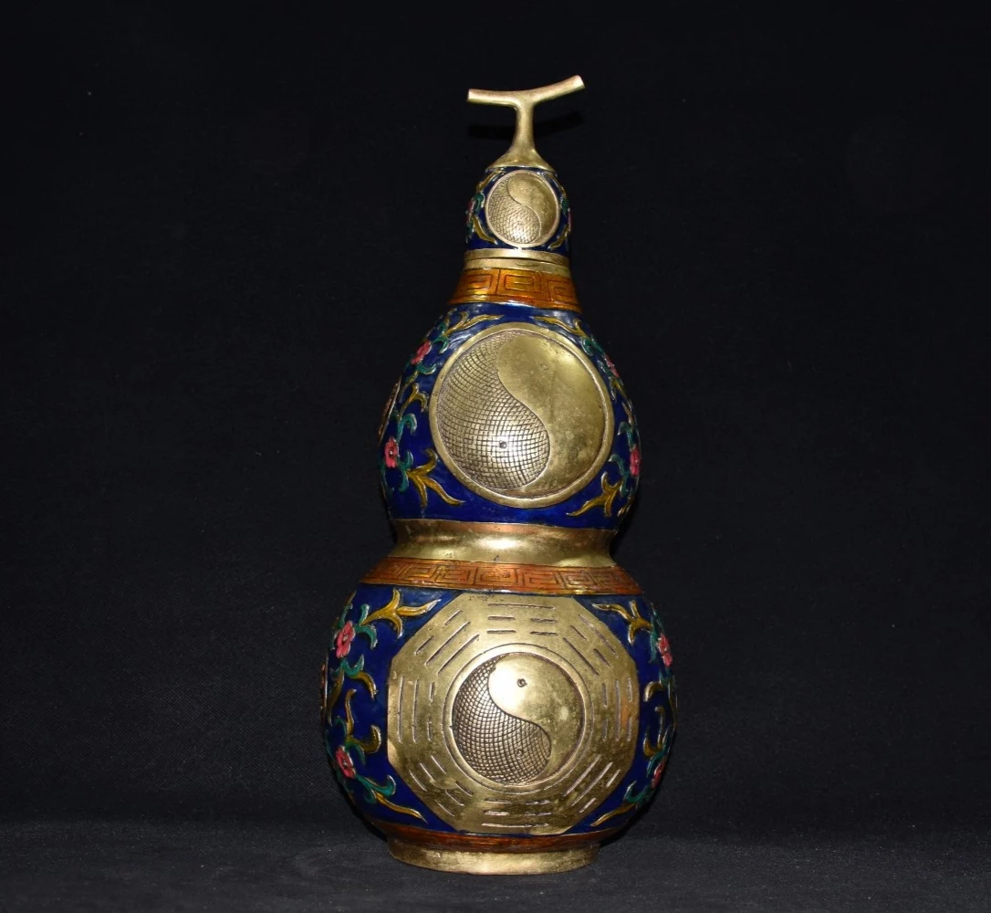

16" Tibetan Temple Collection Old Bronze Cloisonne Enamel gossip Tai Chi gourd ornament Gather fortune Town house Exorcism