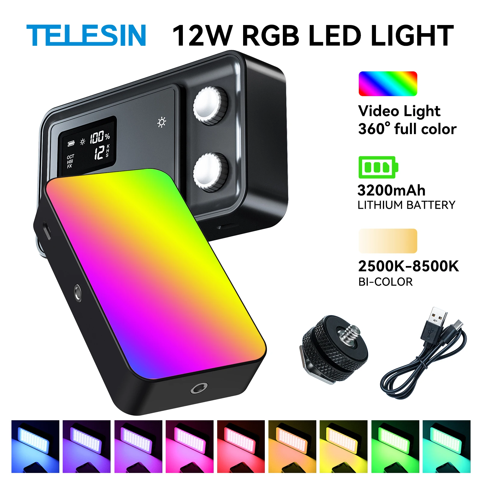 

TELESIN 12W RGB LED Video Light Photography 3200mAh CRI97 With Display Screen Vlog Fill Light for Youtube Tiktok Selfie Lighting