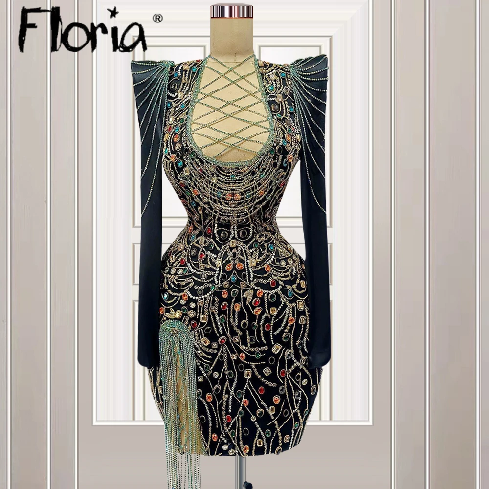 

Abendkleider Short Black Knee Length Crystals Prom Gowns Vintage Long Sleeve Prom Party Gowns Women Cocktail Vestido festa luxo