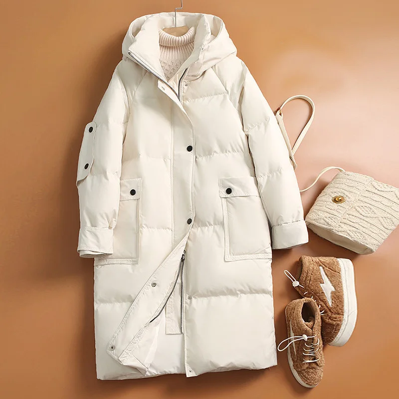 2022 Winter New Quality White Duck Down Jacket Women's Mid-Length Hooded Coat Thickened Loose Warm Temperament Parkas Female