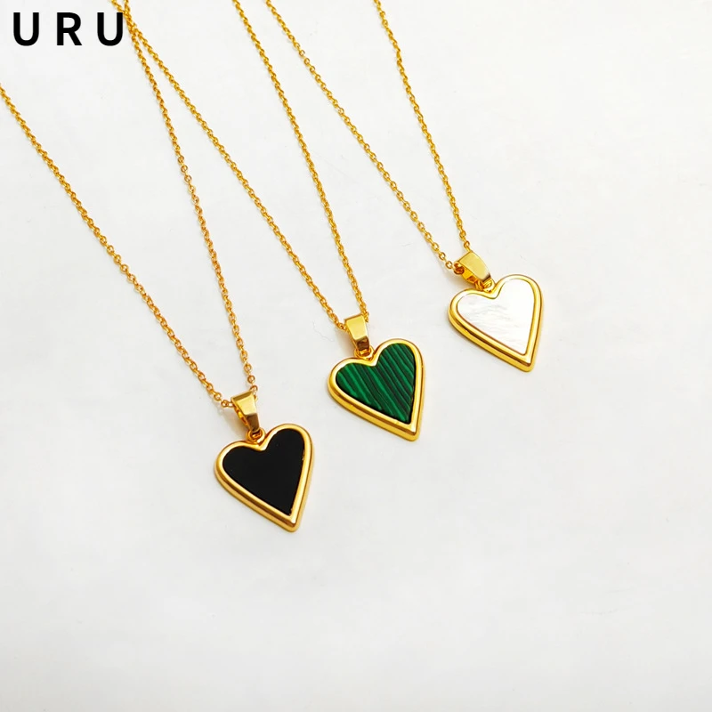 

Fashion Jewelry White Black Green Heart Pendant Necklace Hot Sale Simply Design One Layer Chain Necklace For Women Gifts