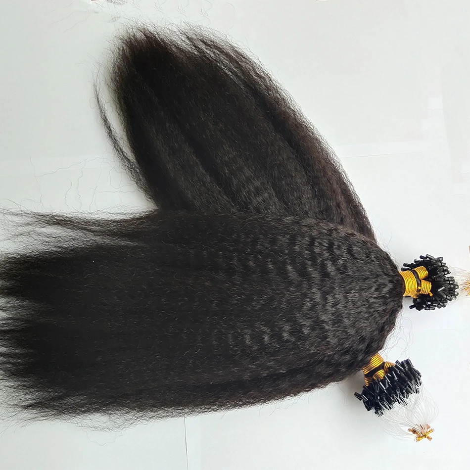Micro Loop Hair Extensions Kinky Straight Human Hair 100 Strands Coarse Straight Micro Ring Hair Natural Color Flowerseason