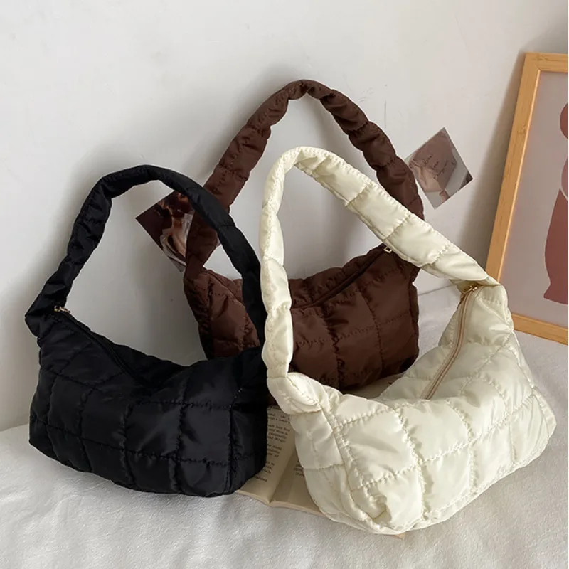 

New Oxford Cloth Women's Shoulder Bag Folds Rhombus Embroidery Thread Underarm Bag Niche Design Simple Handbags for Women