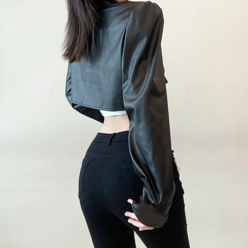 Long Sleeve  Top Short Leather Coat E Fall  Winter Short Jacket Women Pu Faux Leather Biker Zipper Moto Jackets Punk Gothic