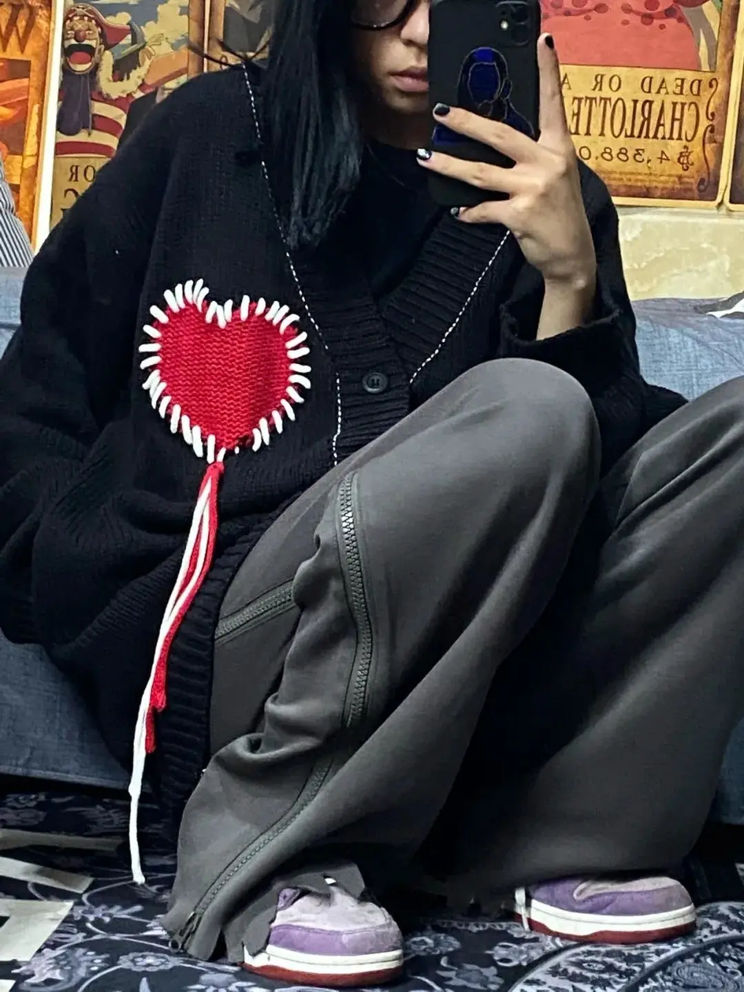 

y2k top Gothic Heart Cardigan Sweater For Women Harajuku Emo Embroidery Black Knitted Jumper Female Vintage Long Sleeve Jackets