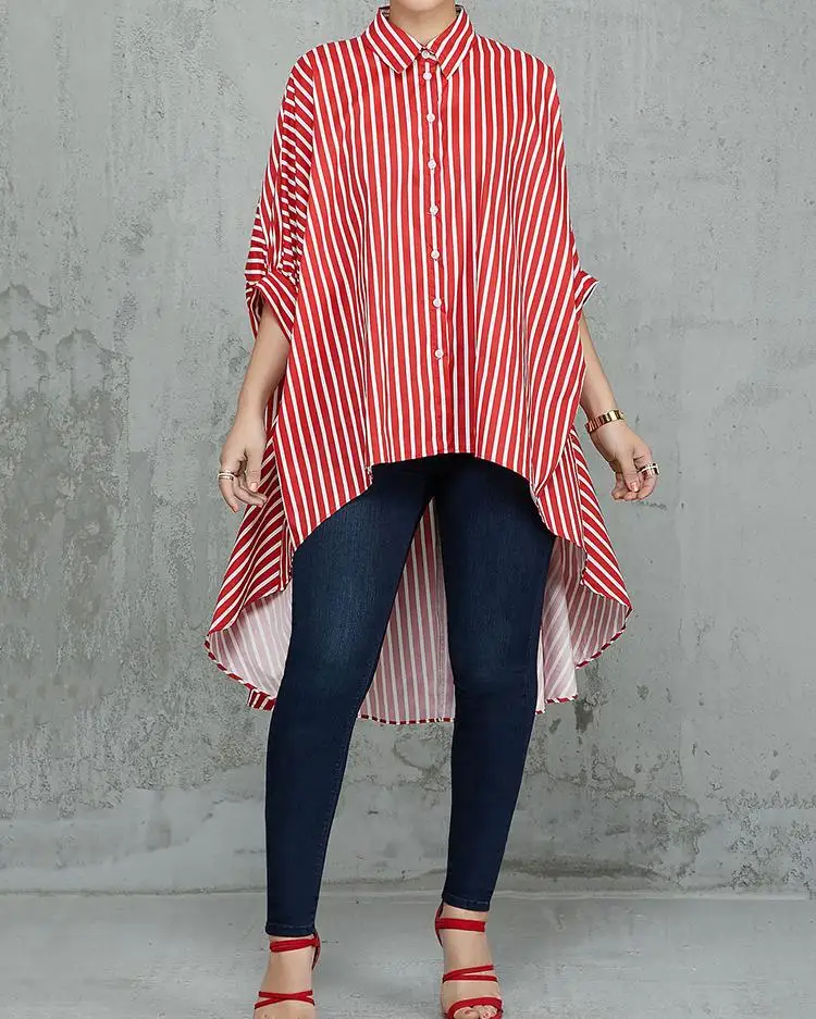 

Striped Colorblock Batwing Sleeve Dip Hem Top Women Summer Loose Casual Long Shirt Blouse Top