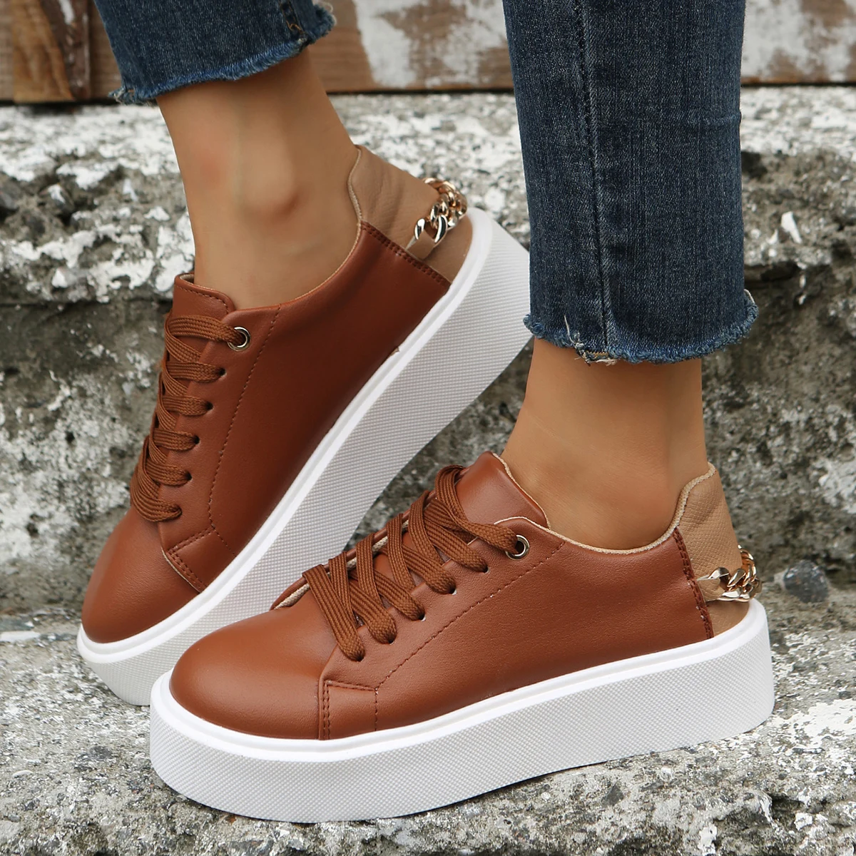 Купи 2023 Fall Ladies Casual Shoes Leather Lace-Up White Size 43 Ladies Mesh Sneakers Thick Sole Women Comfort Loafers Zapatos Mujer за 610 рублей в магазине AliExpress