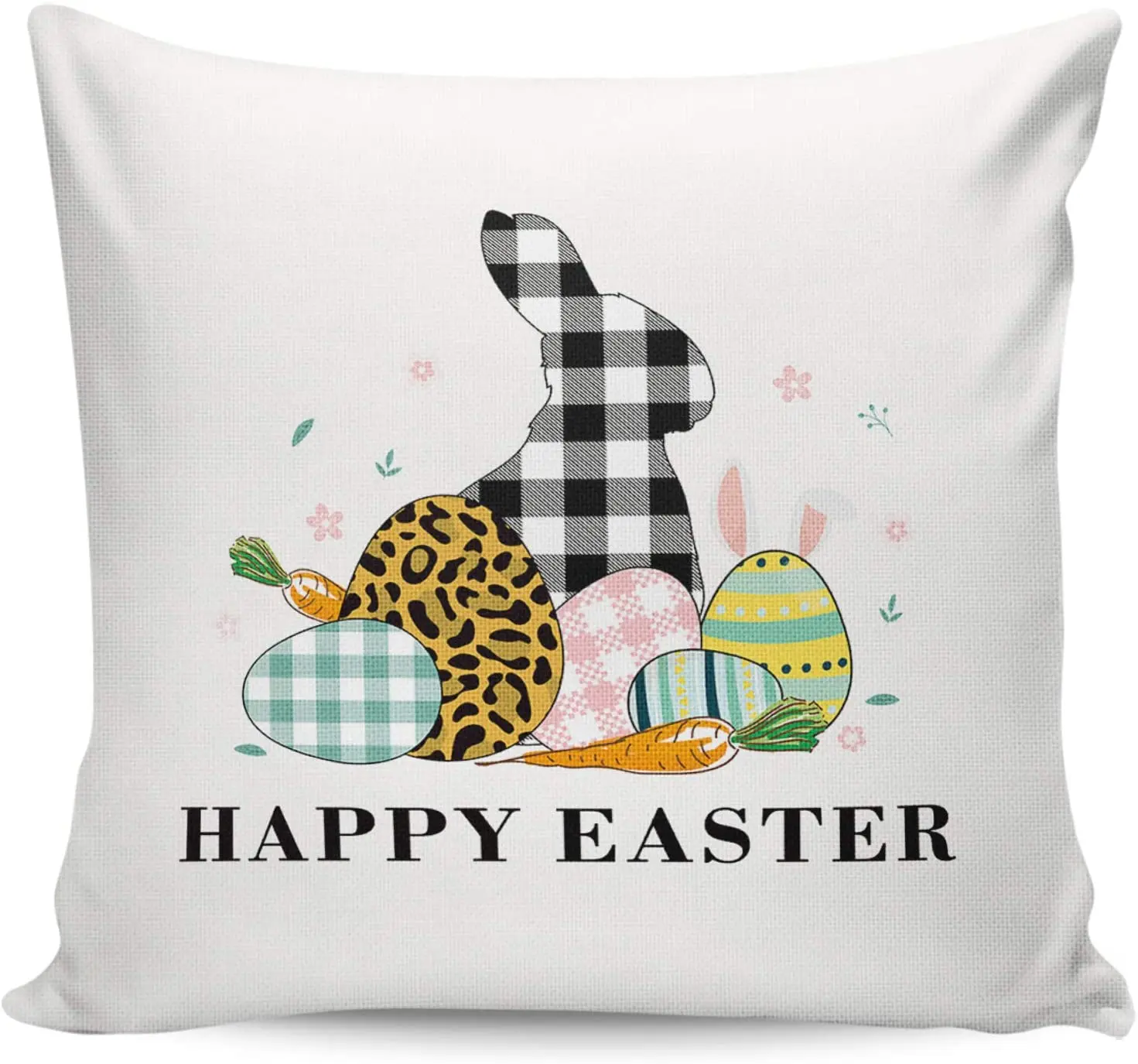 

Throw Pillowcases Easter Grid Bunny with Leopard Print Eggs Cotton Linen Square Cushion Cover Pillow Case for Home Decor