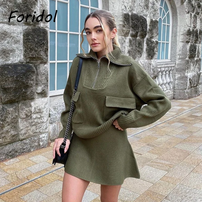 Свитер вязаный армейский зеленый с карманами Foridol Женский Повседневный