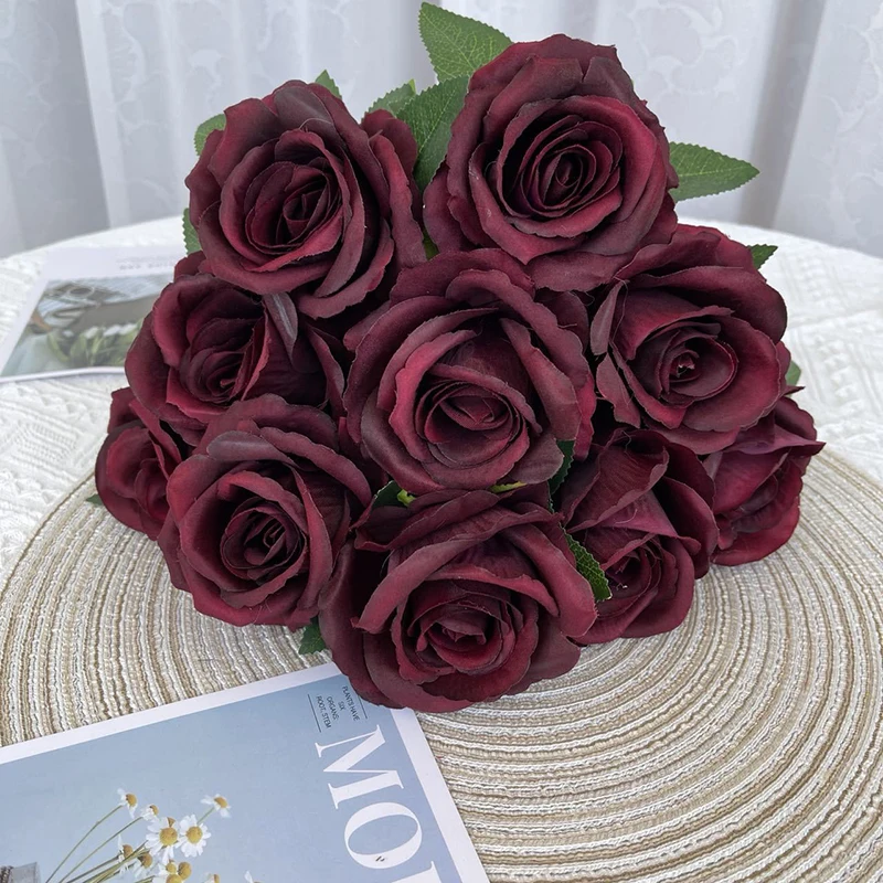 

10 Head Imitation Flannelette Roses Bride Holding Flowers Home Living Room Office Vase Decoration Hotel Wedding Scenery Guide