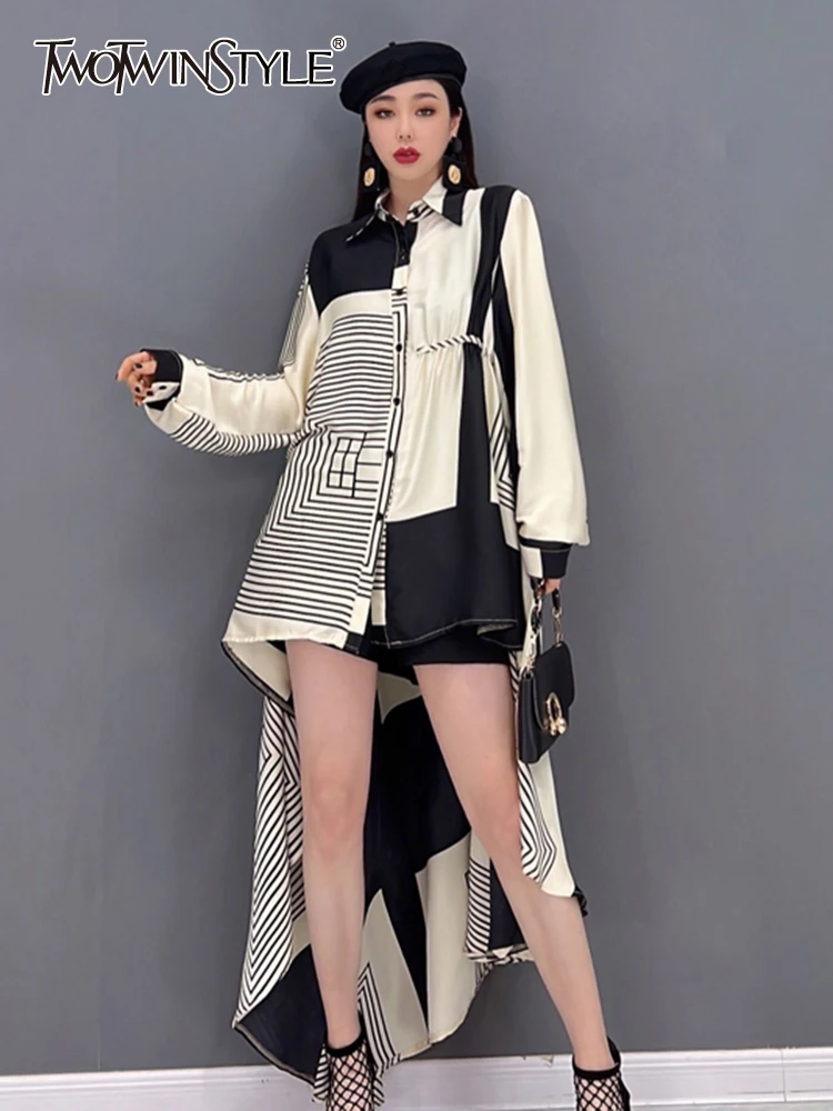 

Женская блузка с асимметричным подолом TWOTWINSTYLE, свободная рубашка с отложным воротником и длинными рукавами, на пуговицах, 2019