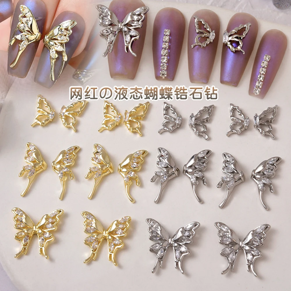 

Half Butterfly Wings Nail Parts Liquid Metal Butterfly Nail Charms Gold/Silver Hollow Diamond Nail Crystals Decor