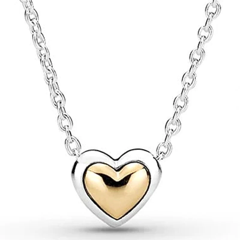 

Real Two Tone Domed Golden Love Heart Collier 925 Sterling Silver Necklace For Europe Bead Charm DIY Jewelry