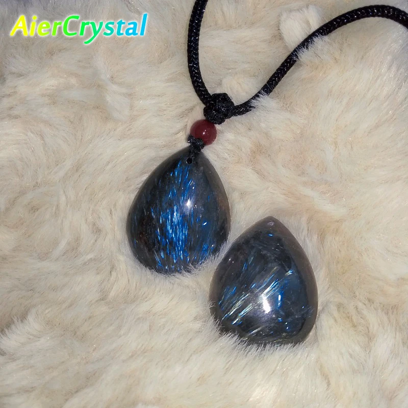 

Natural Blue Amphibole Pendant Drop-shape with Reiki Healing Stripe Crystal Stone Agate Bead Rope Chain Necklace Women Jewelry