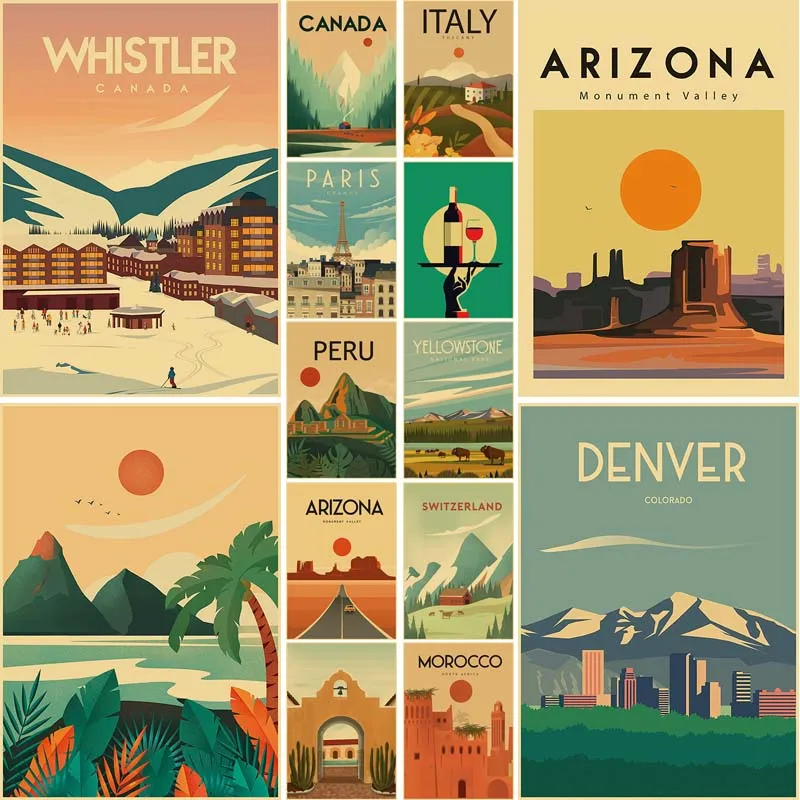 

Vintage Kraft Paper City Travel Posters Decor Morocco Paris Nordic Wall Art Painting Landscape Pictures Living Room Decoration