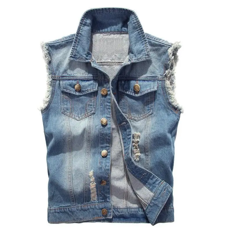 

Spring Denim Korea Men's Clothing Fashion Cargo Vest Waistcoat Ripped Jeans Masculine Sleeveless Vests Jacket Men Streetwear