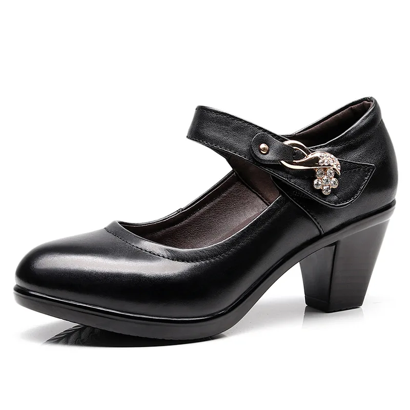 Genuine Leather Round Head 6CM Thick Heel Show Model Shoes Hook&Loop Middle Heel Square Dance Shoes Women's Work Footwear