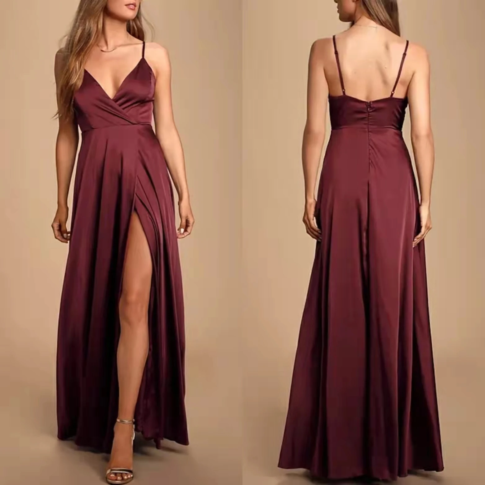 

Женское атласное платье с карманами, длинное Бордовое платье трапециевидного силуэта, платье до пола с открытой спиной и разрезом, платье для вечеринки