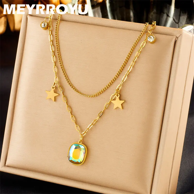 

MEYRROYU 316L Stainless Steel Star Rhinestone Pendant Necklace For Women Double Layer Clavicle Chain Light Luxury Simple Necklac