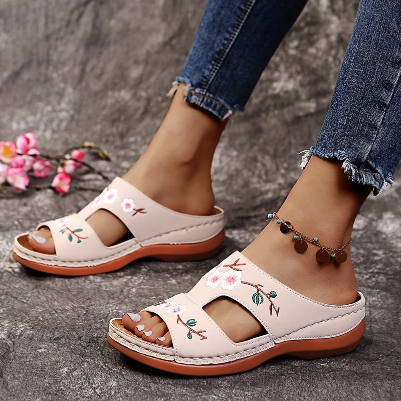 Summer Women Sandals Shoes Peep Toe Shoes Woman Floral Sandals Woman Comfortable Female Slippers Retro Sandals Zapatillas Mujer
