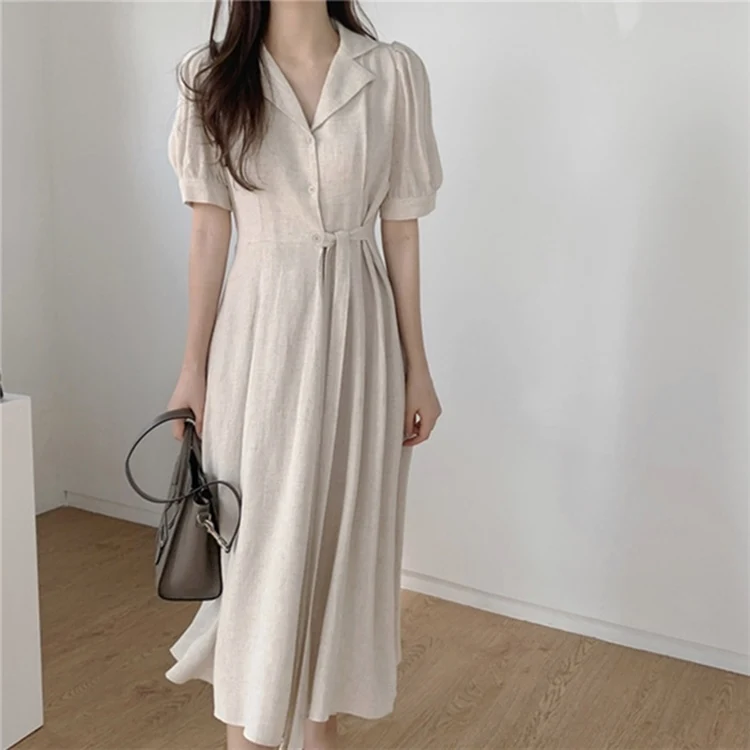 

2021 New Women's Summer Shirt Dresses High Waist Vintage Puff Sleeve Lace Up Elegant Cotton and Linen Draped Long Dress