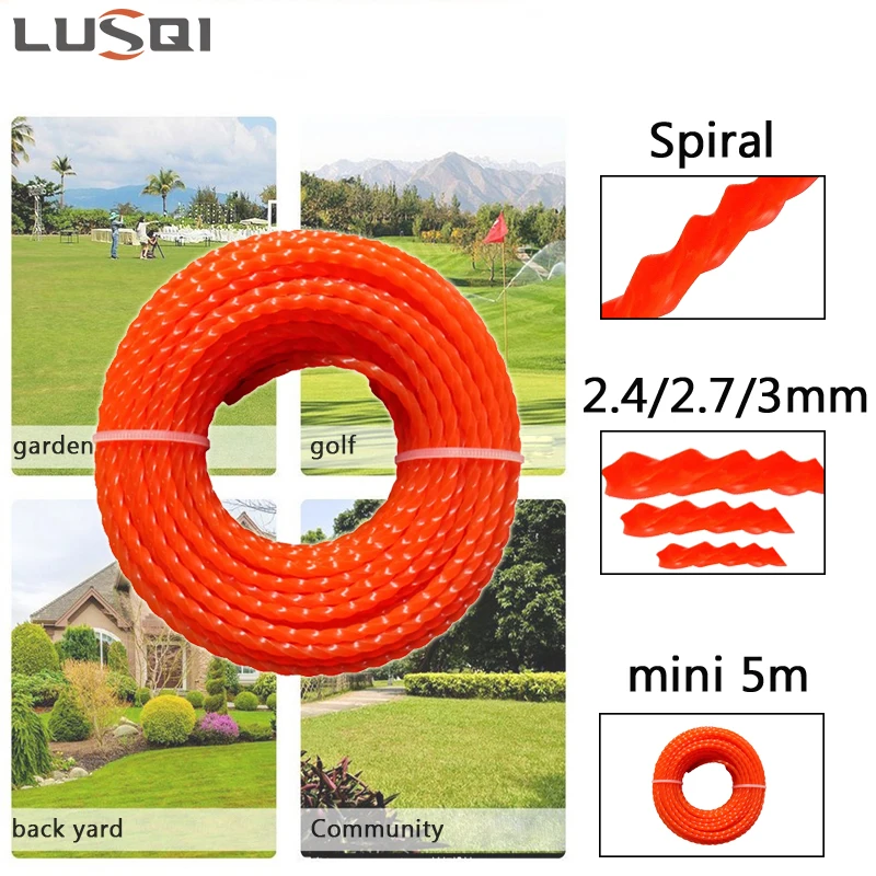 LUSQI Grass Trimmer Line 5m*2.4mm/2.7mm/3mm Nylon Spiral Brush Cutter Rope  Lawn Mower Head Accessory