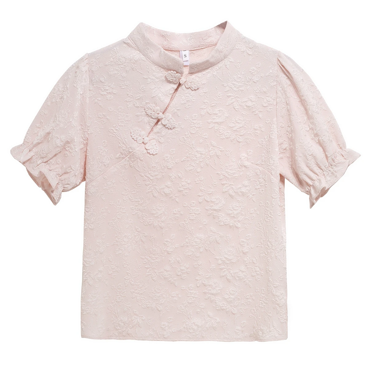 Летняя женская блузка с коротким рукавом и воротником-стойкой приталенная