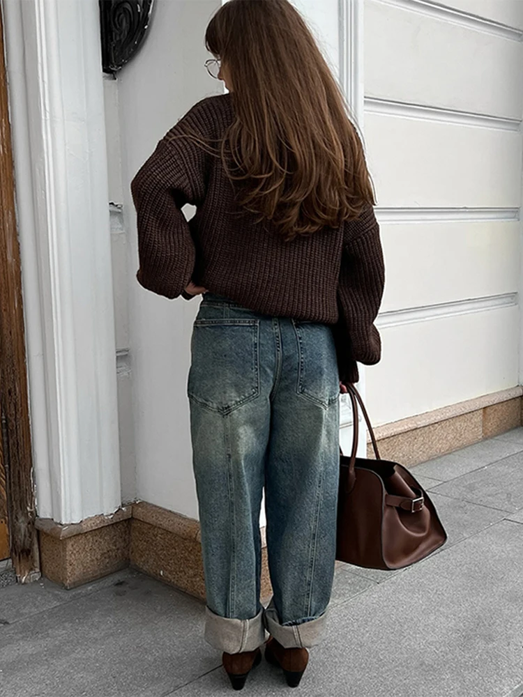 Винтажный вязаный женский свитер оверсайз с длинными рукавами-фонариками и