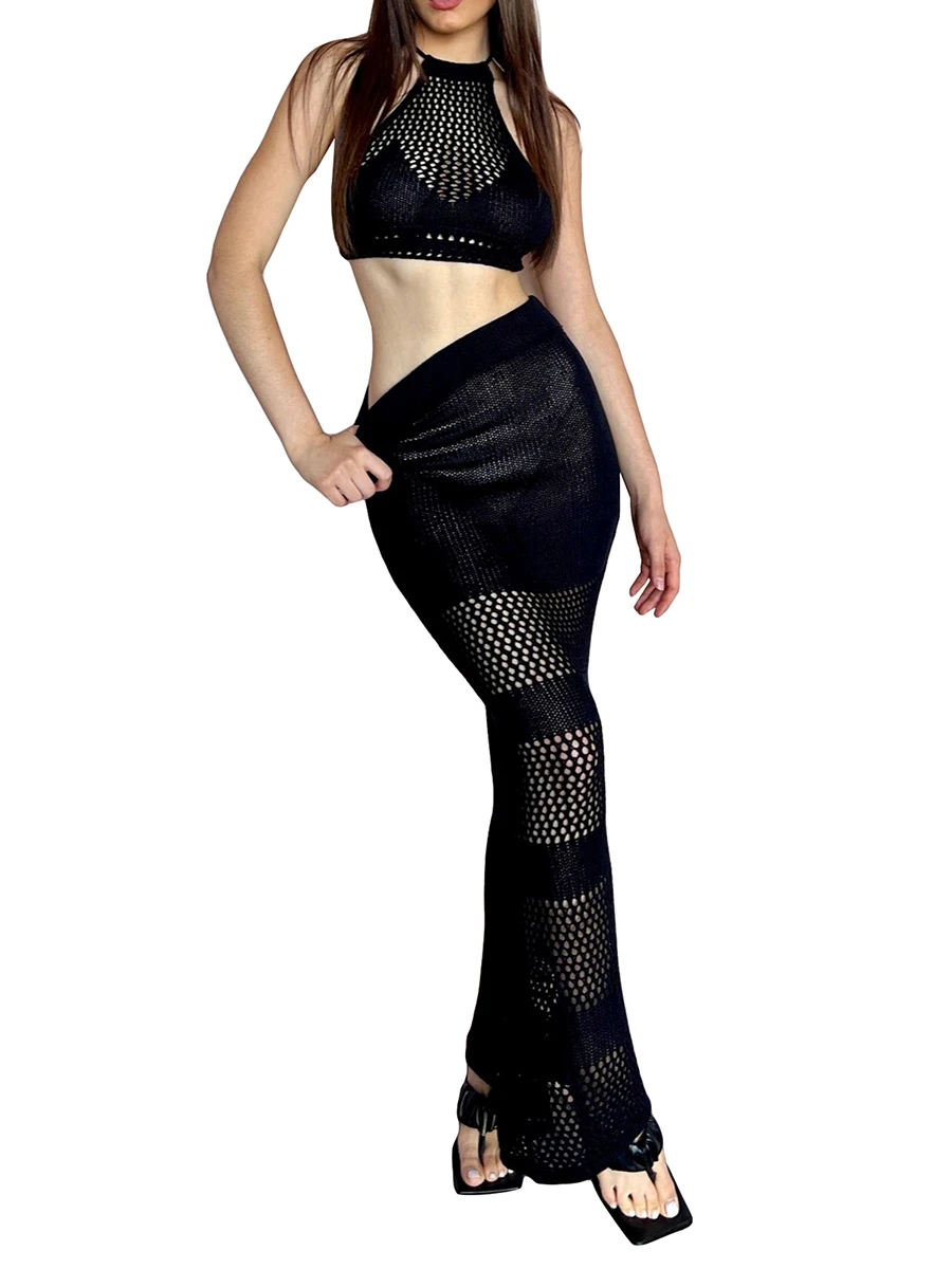 

Женская трикотажная юбка Y2k из 2 предметов, ажурный топ с открытой спиной и заниженной талией, длинная юбка, клубная одежда