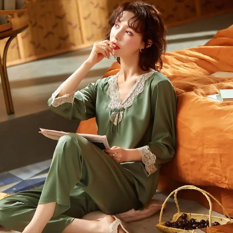 Новинка 2024 женская летняя пижама с длинным рукавом весна-осень кружевная для