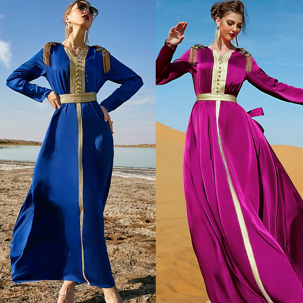 

New Luxury Satin Women Long Dress Abaya Muslim Arab Islamic Rhinestone Party Wedding Gown Ramadan Dubai Kaftan Moroccan Jalabiya