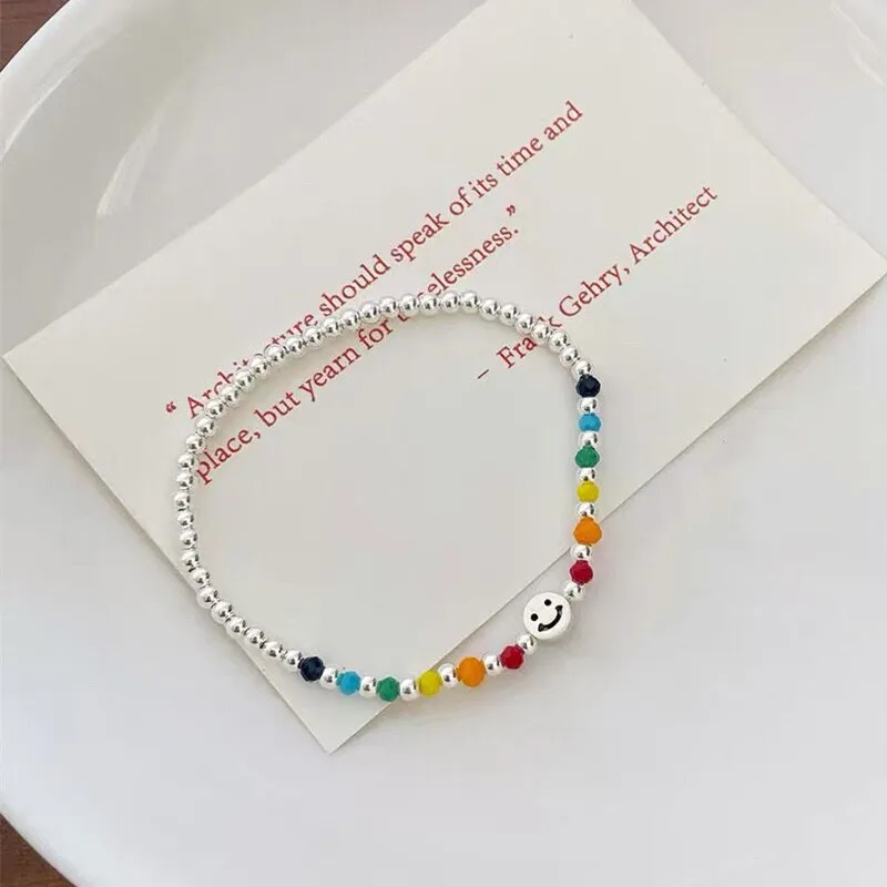 Fufengming Small Color String Rainbow Beaded Bracelet Girl S925 Sterling Silver Summer Versatile Wear Smiley Face Ha...