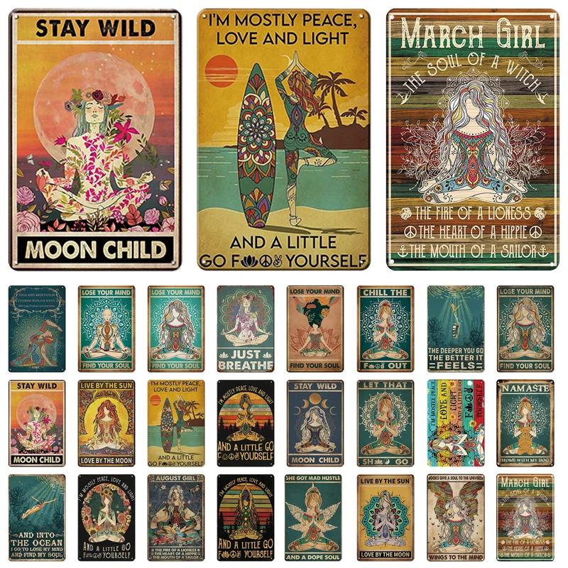 Yoga Girl Metal Sign Poster Yoga Lovers Vintage Plaque Zen Posters Metal Plate for Meditation Living Room Home Wall Art Decor