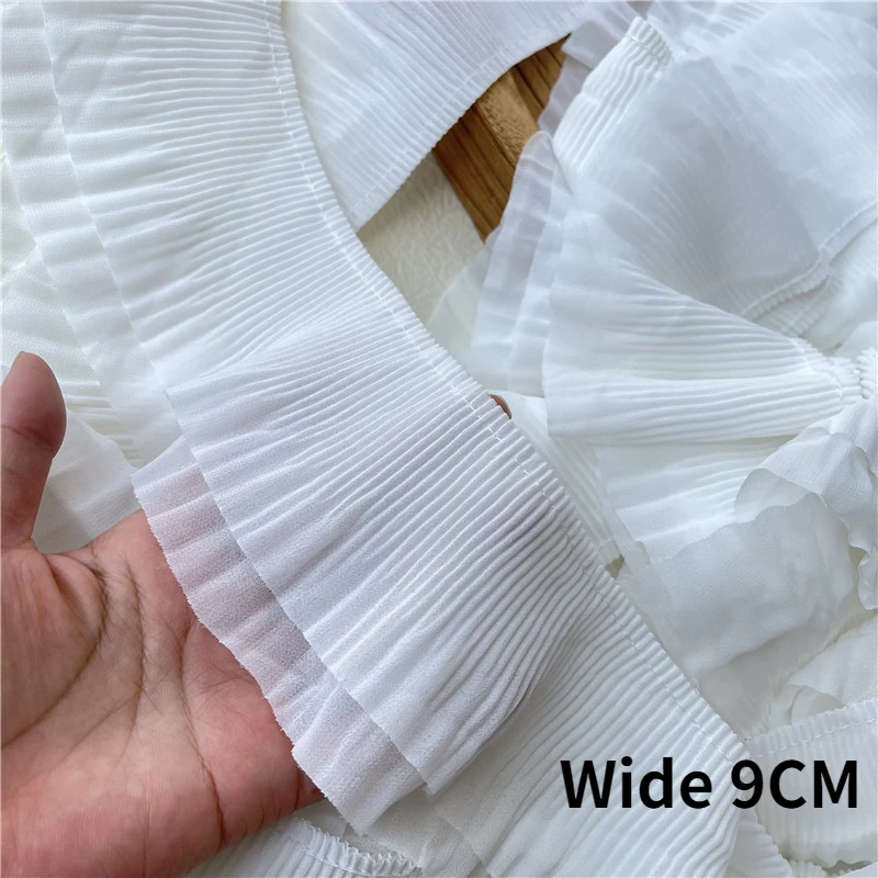 

9CM Wide White Double Layers Chiffon Pleated Fabric Lace Ruffle Trim Fringe Ribbon Skirt Cuffs Dresses Guipure DIY Sewing Decor