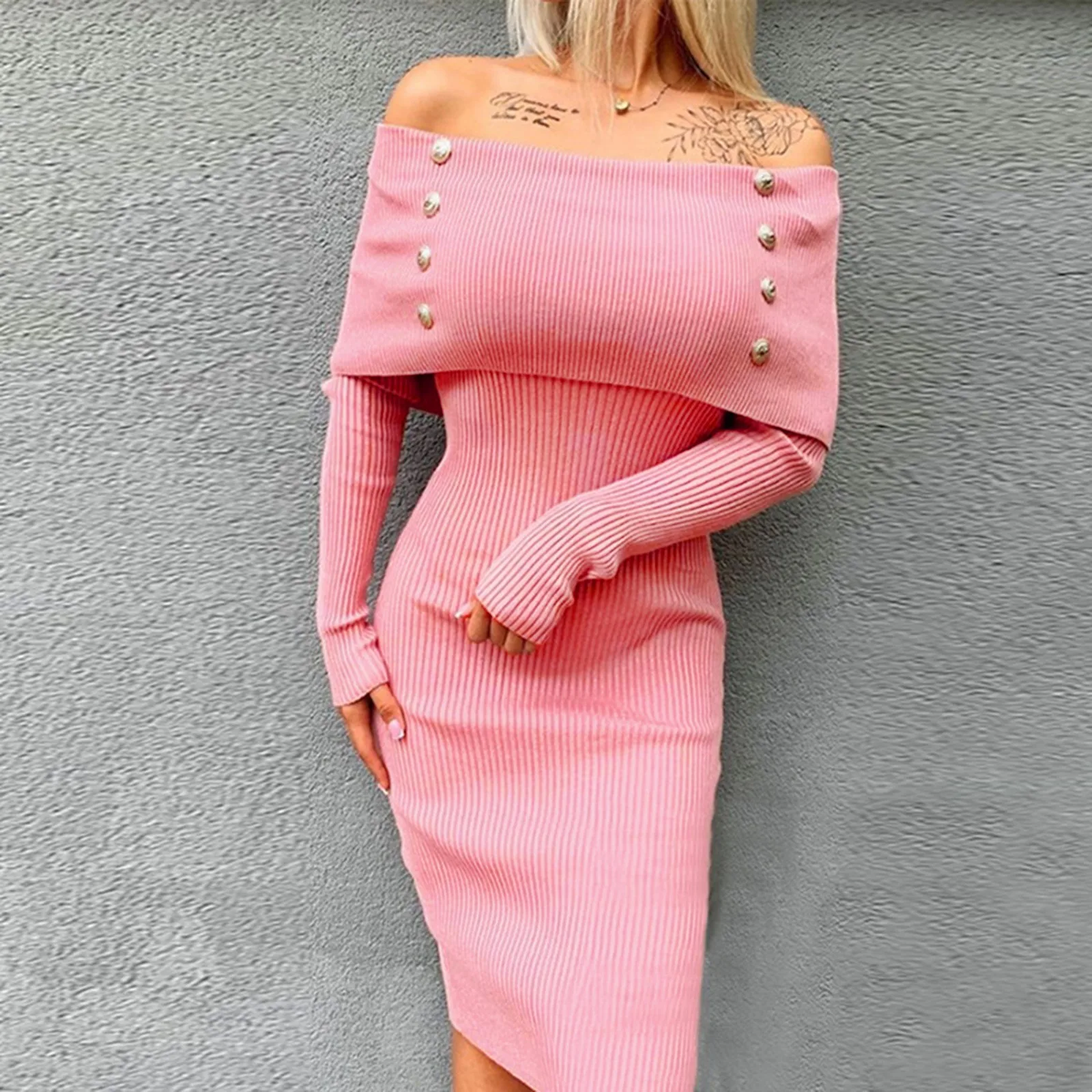

Women's New Autumn And Winter Knitted Dress One Shoulder Cape Design Sense Long Sleeved Hip Casual Dresses for Women