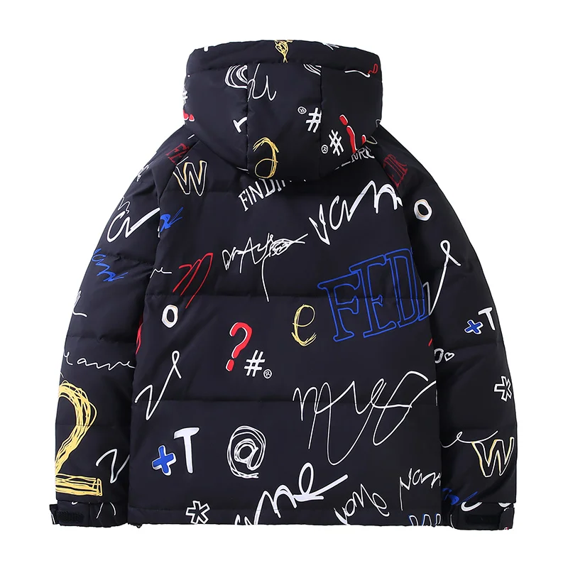 Winter new printed tide brand down jacket men's thickened warm hooded couple casual graffiti bread jacket