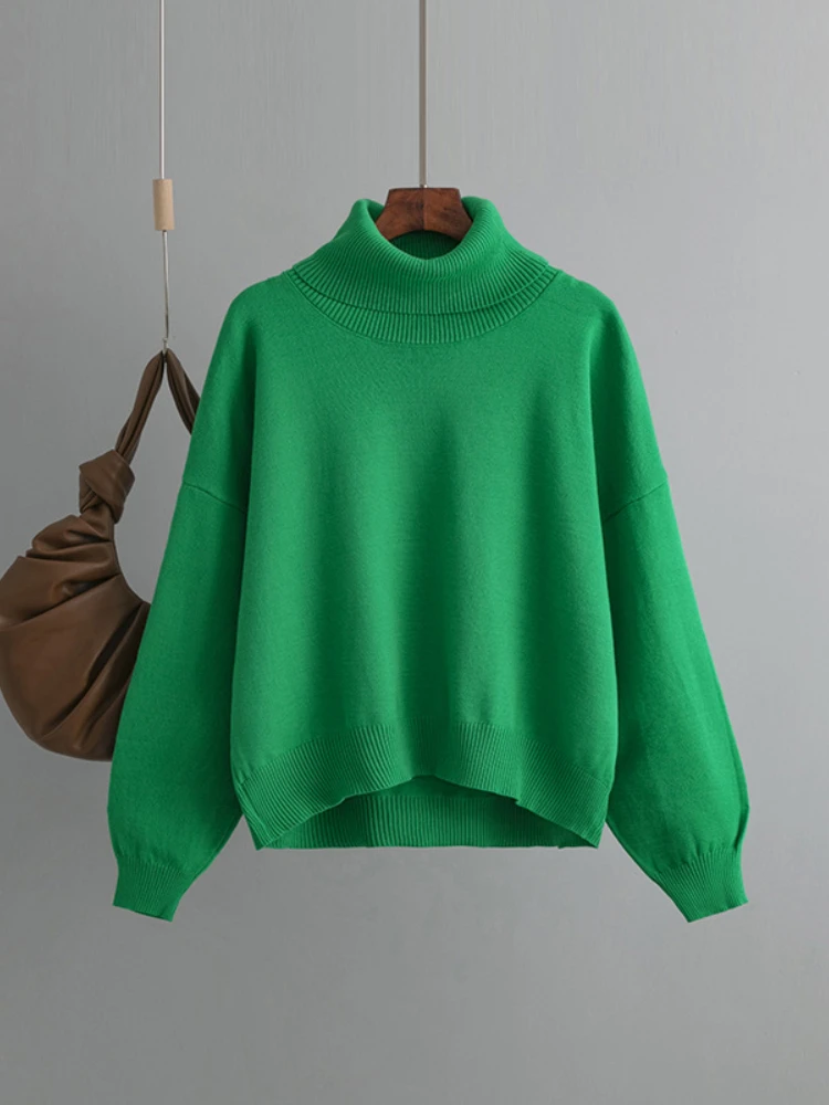 

Модный женский свитер, новинка сезона осень-зима 2023, топы с высоким воротником и длинными рукавами, однотонный пуловер, свободный трикотажный джемпер в Корейском стиле