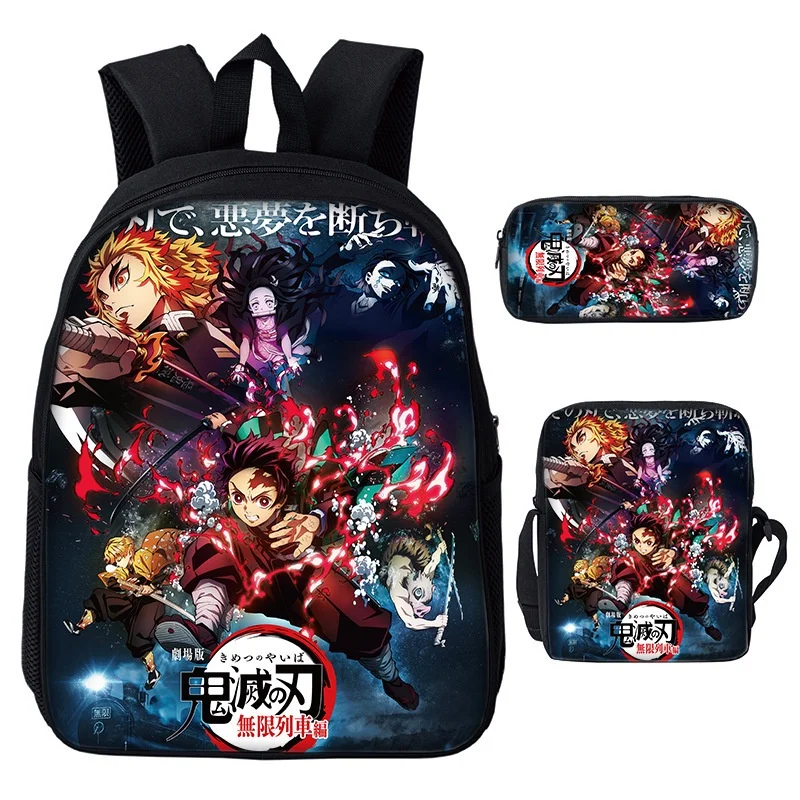 3 Piece Demon Slayer Nezuko Tanjirou Children Anime Backpacks New Girls Boys Primary School Student Shoulder Bags with Pen Bag