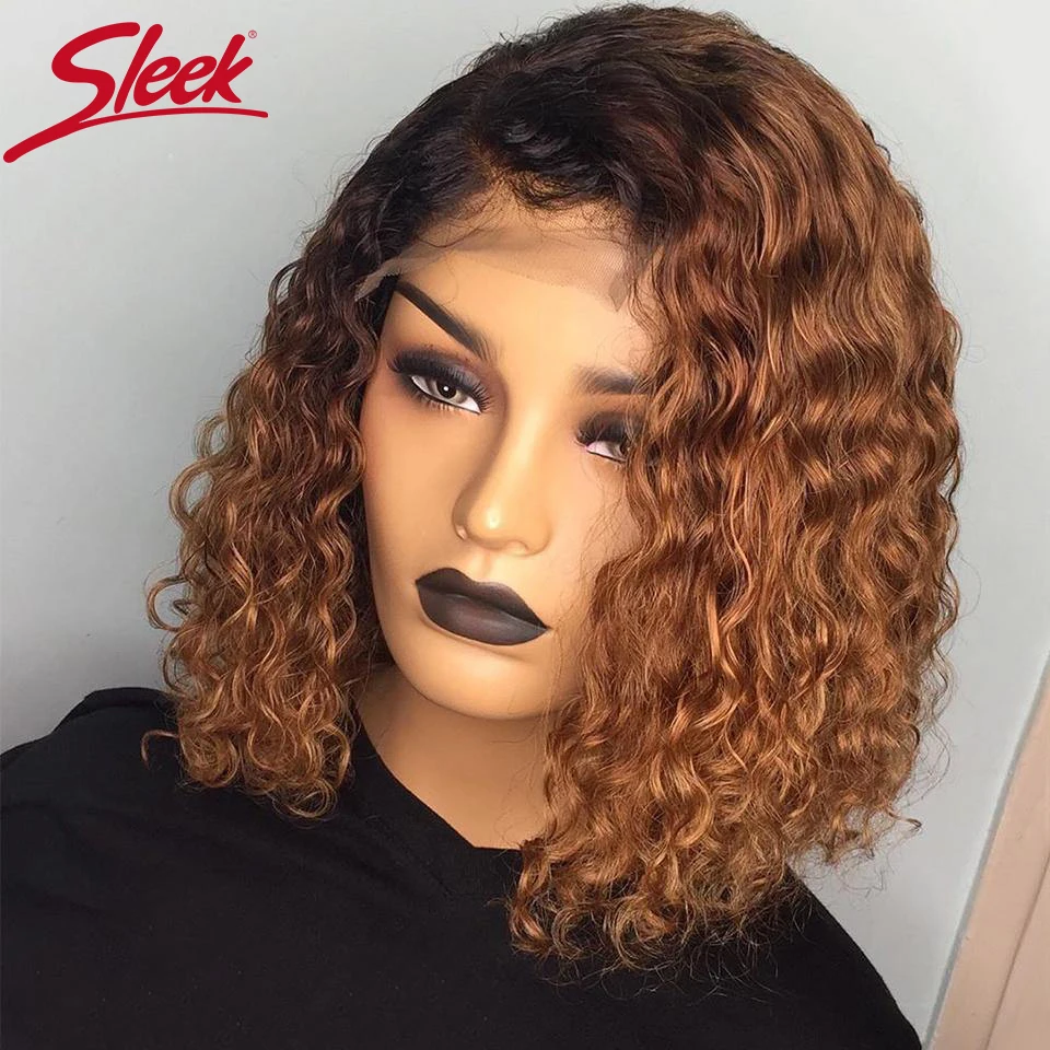 Sleek Curly Human Hair Wig For Women Kinky Curly Remy Brazilian Hair Wigs Short Highlight Lace Wigs Ombre Colored Part Lace Wigs