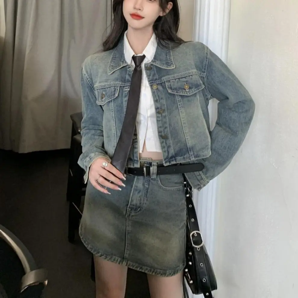 

Hsa женский джинсовый комплект из 2 предметов, джинсовые куртки с длинным рукавом, костюмы с высокой талией и расклешенного силуэта с поясом юбкой, осень 2023, новая модная осенняя одежда