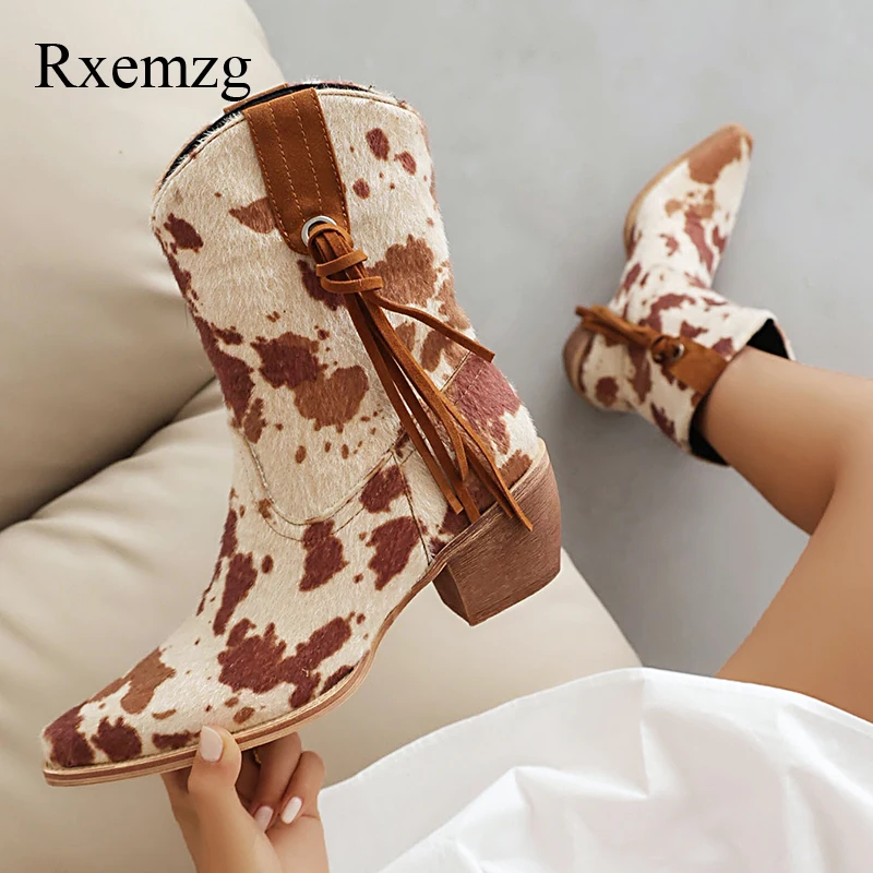 

Rxemzg Ankle Boots Women 2024 Fashion Leopard Casual Square Heels Woman Boots Pointed Toe Ladies High Heels Party Modern Boots