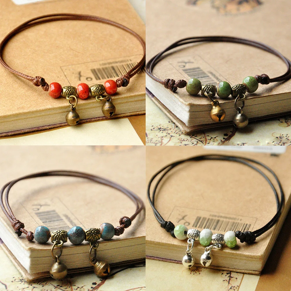 

Blue Ceramic Brown Rope Anklet Women Girls Hand-Woven Beaded Anklets Literature And Art Ethnic Style Girls Fashion Jewelry