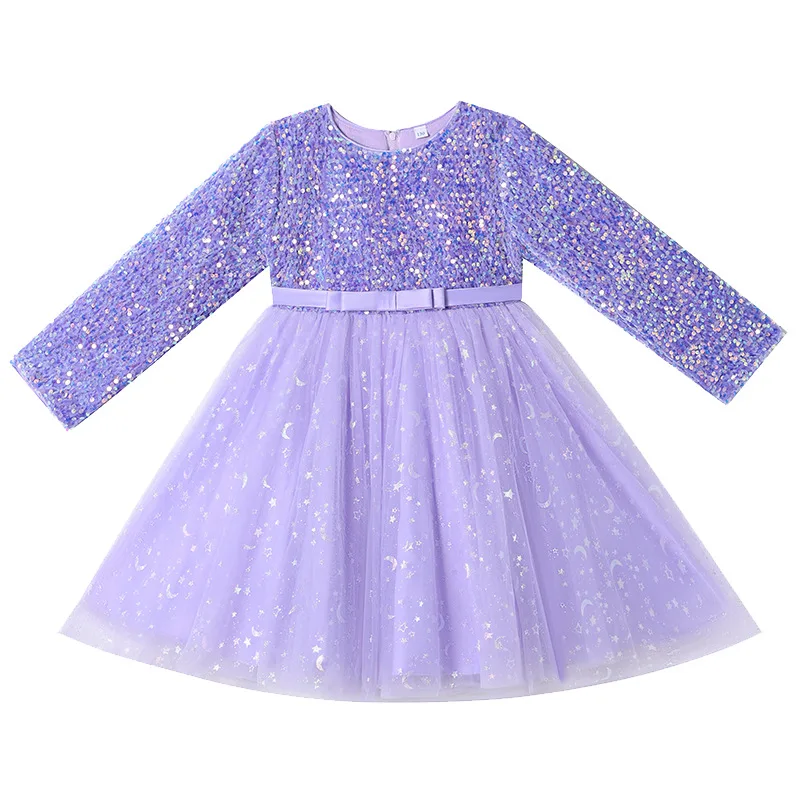 2023 Girls Autumn Long Sleeve Sequin Mesh Ball Gown Dress Stage Performance Princess Dress Kids Sweet Host Dresses 3-14Years images - 6