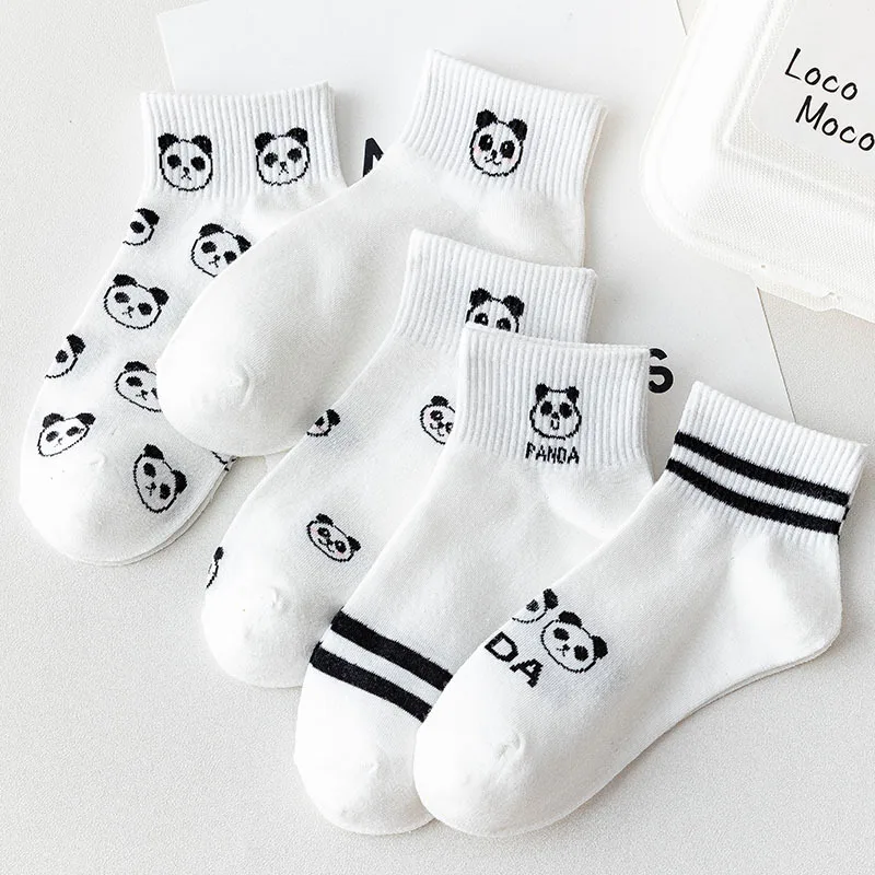 

1 Pairs Girls Cute Panda Face Funny Short Ankle Socks White Casual Summer Spring Two Stripes Soft Cotton Women Sokken Sport Gift