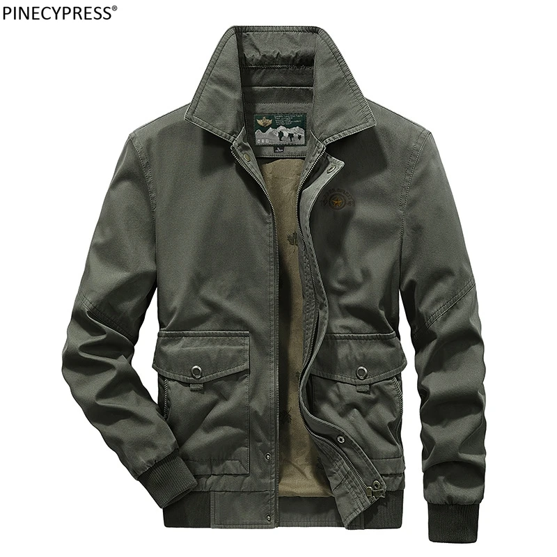 

100% Cotton Spring Autumn Winter Turn Down Collar Zipper Pockets Men Green Khaki Male Plain Casual Loose Embroidery Man Jacket