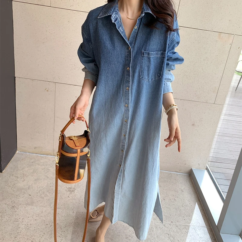 

Japan Harajuku Chic Button Up Long Denim Dress Women Autumn Winter Fashion Casual Streetwear Lady Jean Dresses Cheap Wholesale