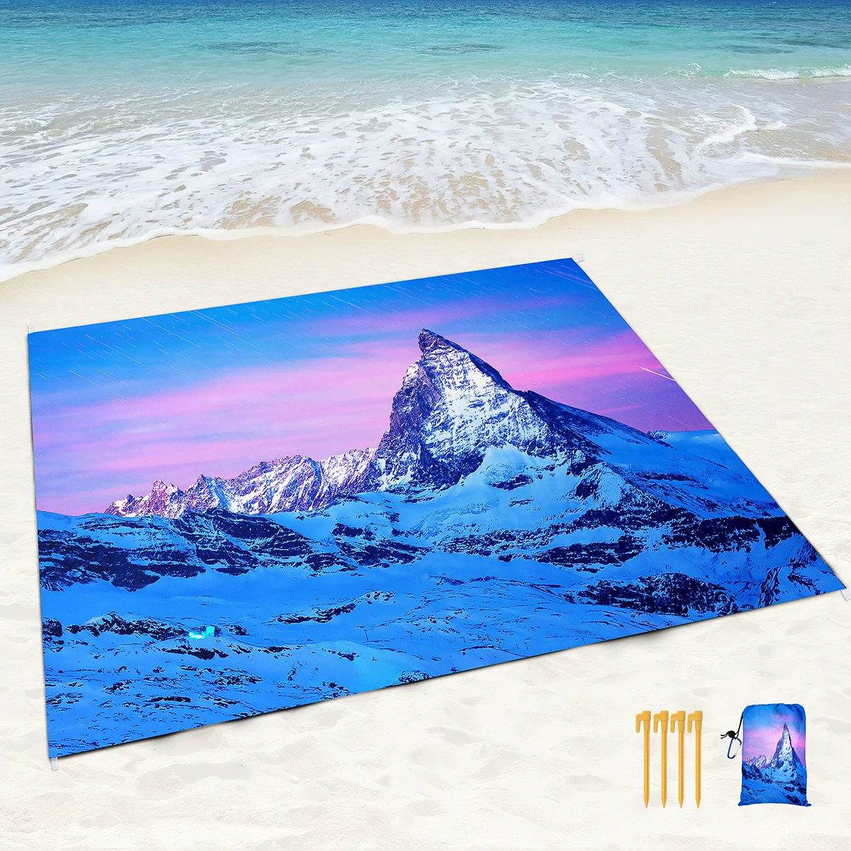 

Snow Mountains Print Beach Blankets Sand Proof Waterproof Soft Mat with Corner Pockets and Mesh Bag for Outdoor,Picnic,Travel