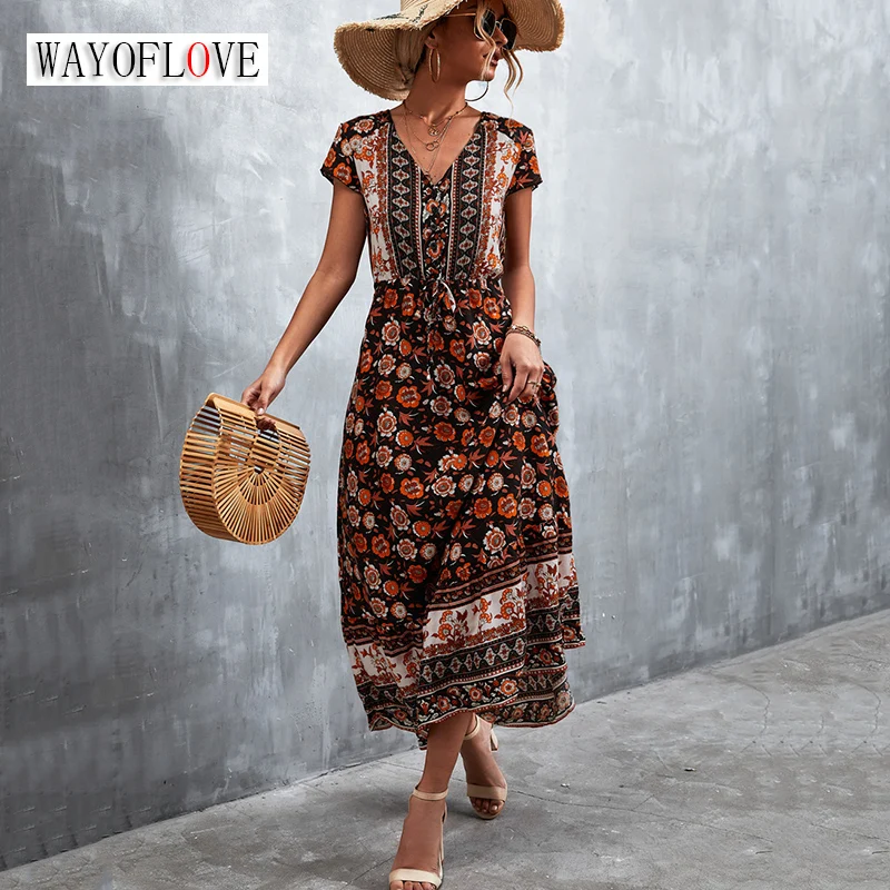 

WAYFOLOVE Bohemia Casual Summer Dresses Women Beach V Neck Slim Vintage Long Dress Woman Printed Party Elegant Dresses For Women