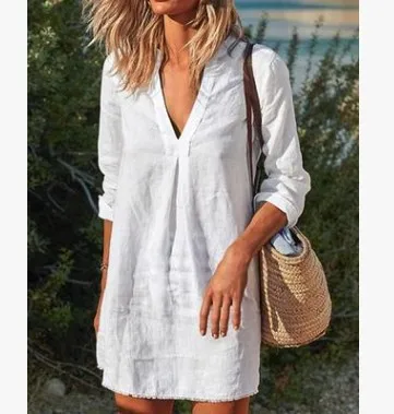 

2023 Summer Cotton Linen Women's Dress A-line V-neck Long White Dresses Female Fashion Elegant Loose Casual Ladies Clothes