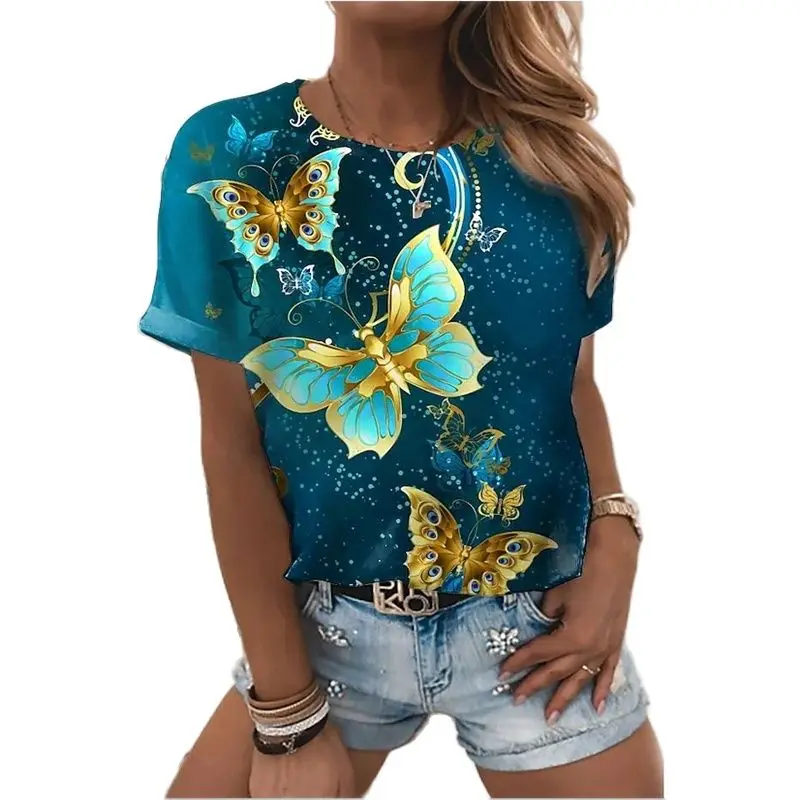 

Women's butterfly print T-shirt, butterfly print with graphics, round neck, women's plus size basic T-shirt